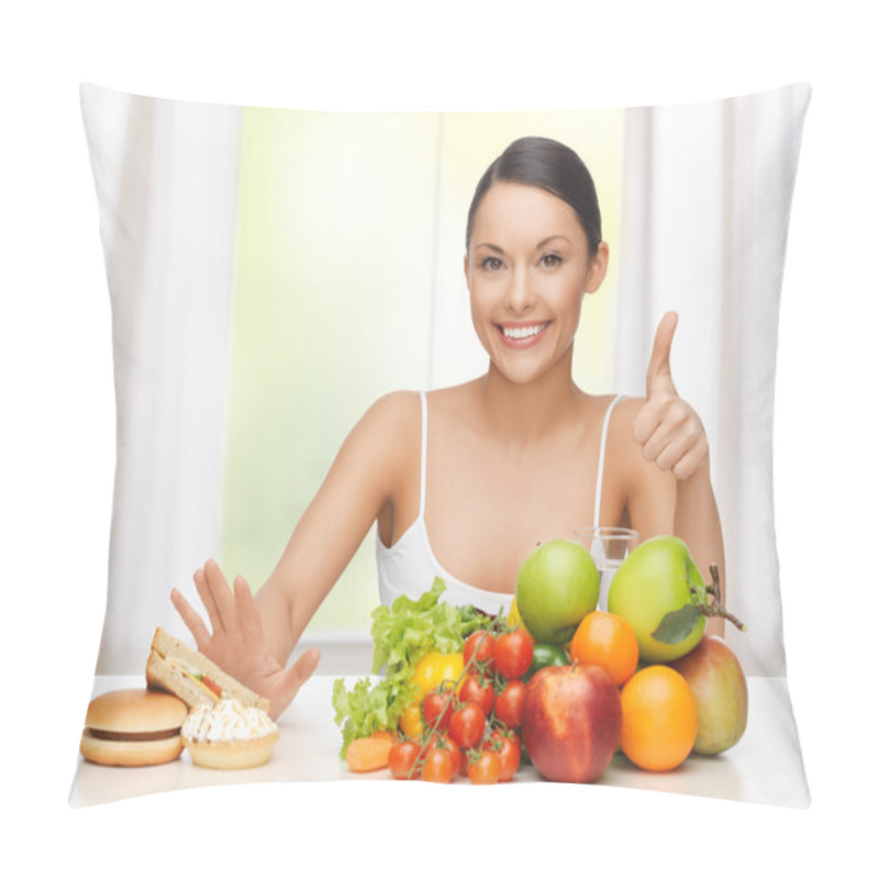 Personality  Woman With Fruits Rejecting Junk Food Pillow Covers