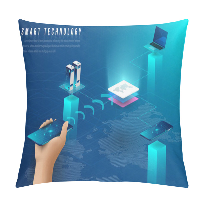 Personality  Concept Of Big Data Processing, Energy Station Of Future, Data Center, Cryptocurrency And Blockchain Isometric Composition Smart Object And Smart Technology Design. For Working On Blockchain Start Up. Pillow Covers