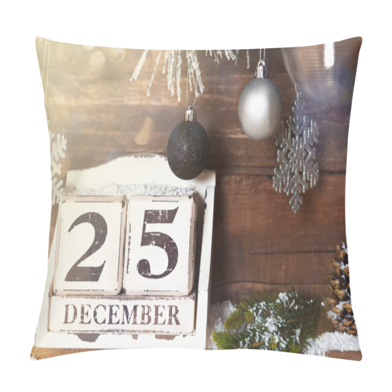 Personality  Christmas Frame From Snowy Xmas Tree Branches And Wooden Calenda Pillow Covers