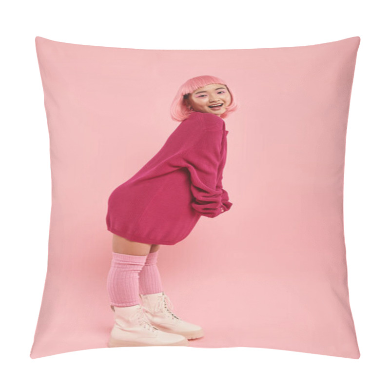 Personality  Cheerful Asian Woman In Big Sweater Outfit Standing In Sideways Pose Against Pink Background Pillow Covers