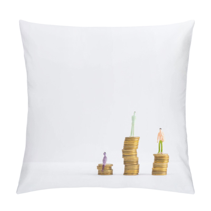 Personality  Three People Figures On Stacked Coins On White Surface Isolated On Grey, Concept Of Financial Equality Pillow Covers