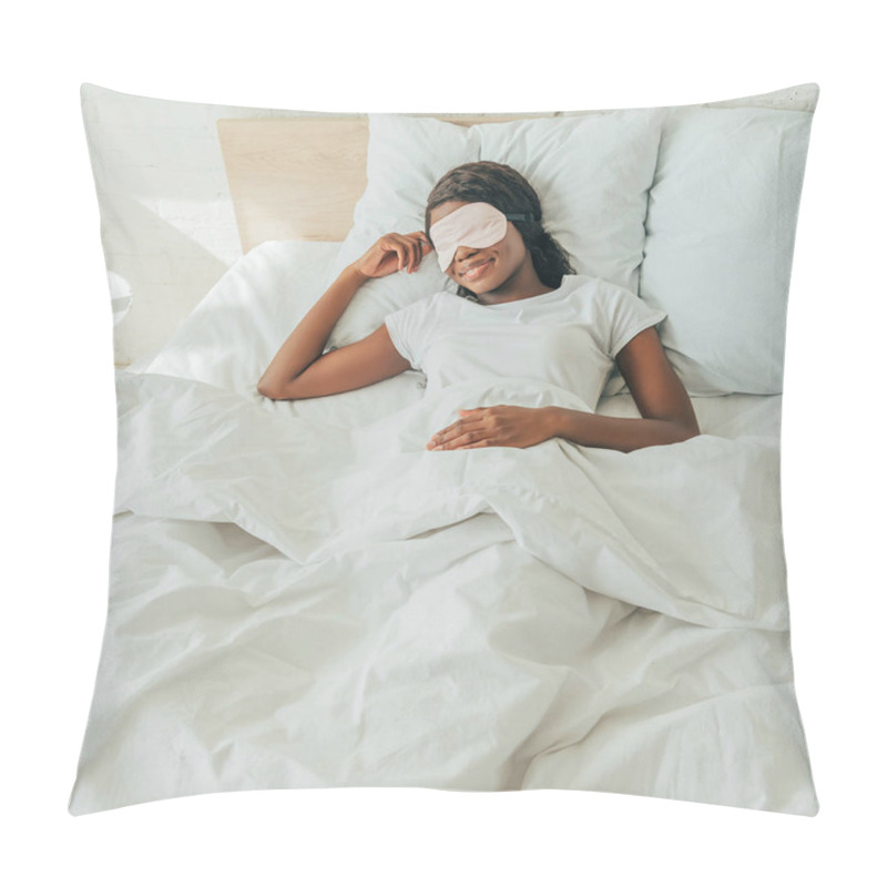 Personality  High Angle View Of African American Girl In Sleep Mask Smiling While Lying In Bed  Pillow Covers