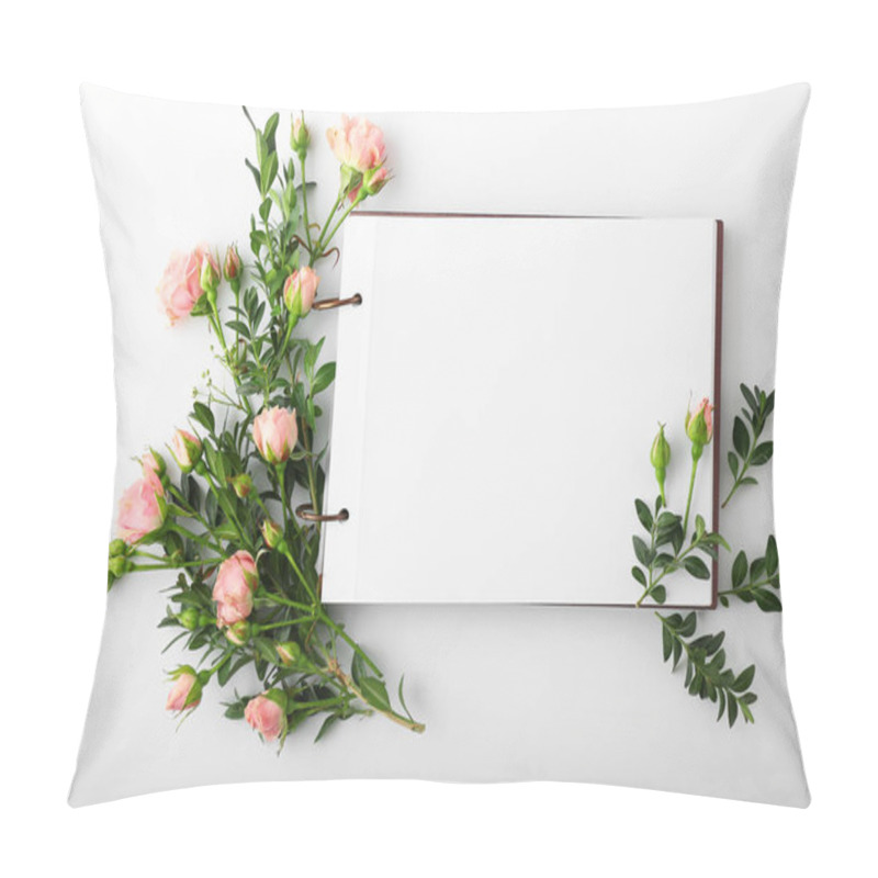 Personality  Notebook With Beautiful Flowers On White Background Pillow Covers