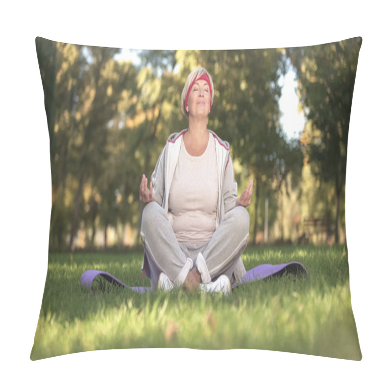 Personality  Middle Age Woman Deeply Breathing And Meditating Sitting In Lotus Position Pillow Covers