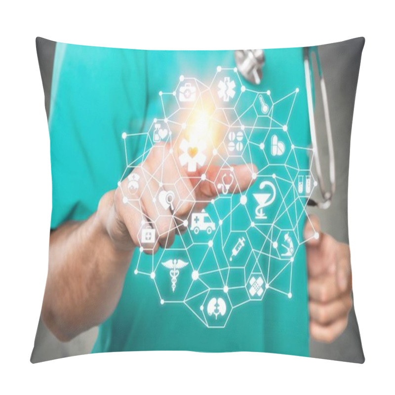 Personality  Doctor Touching Blockchain Healthcare Icons Pillow Covers