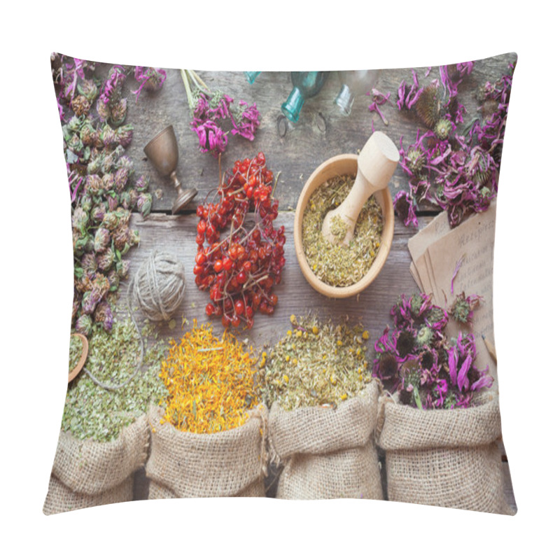 Personality  Healing Herbs In Hessian Bags, Wooden Mortar, Small Bottles On O Pillow Covers