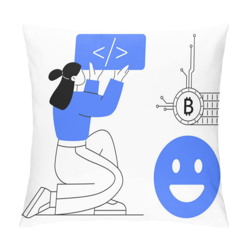 Personality  Female Coder Holding A Coding Symbol With A Bitcoin Circuit And A Large Smile Emotion Nearby Ideal For Technology, Cryptocurrency, Programming, Coding Education, Digital Currency, And Tech Pillow Covers