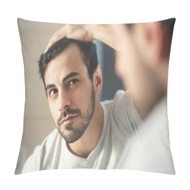 Personality  Man Worried For Alopecia Checking Hair For Loss Pillow Covers