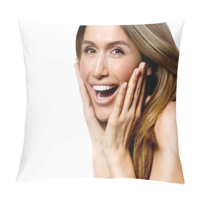 Personality  Portrait Of Attractive Caucasian Smiling Woman Isolated On White Studio Shot  Toothy Smile Face Long Hair Head And Shoulders Looking At Camera Happy Pillow Covers