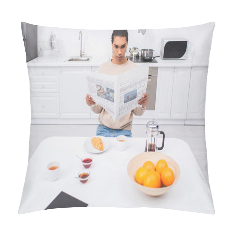 Personality  Young African American Man Reading Newspaper Near Breakfast And Digital Tablet On Table Pillow Covers