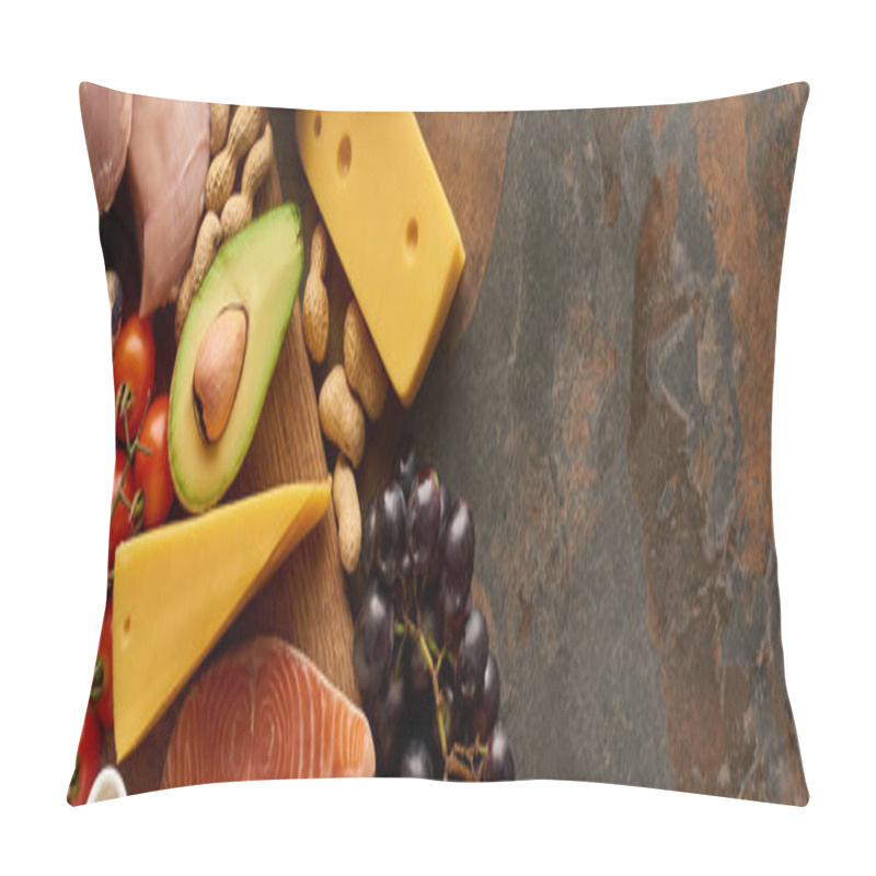 Personality  Panoramic Shot Of Fresh Vegetables And Fruit With Raw Fish And Poultry On Wooden Cutting Board Near Cheese And Peanuts On Marble Surface Pillow Covers