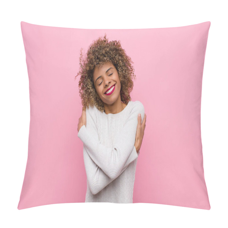 Personality  Young African American Woman Feeling In Love, Smiling, Cuddling And Hugging Self, Staying Single, Being Selfish And Egocentric Against Pink Wall Pillow Covers