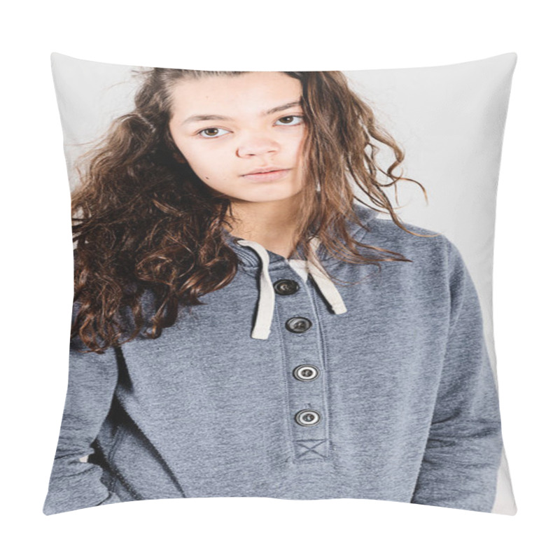 Personality  Teen With Lazy Face Wearing A Blue Sweatshirt While Posing Pillow Covers