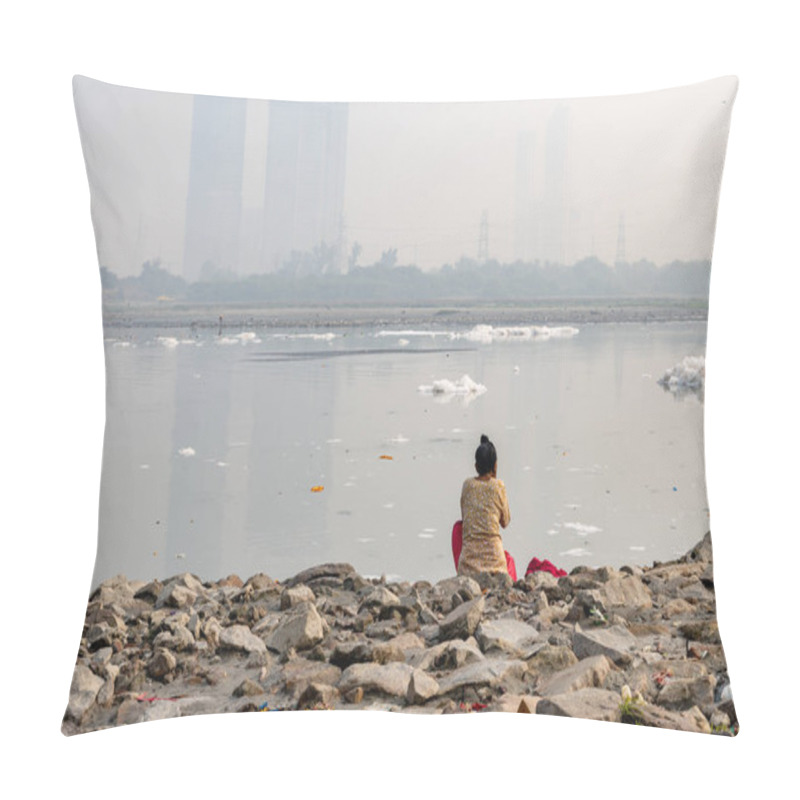 Personality  Isolated Women Bathing In Polluted River With Toxic Foam At Misty Morning Image Is Taken At Yamuna River Okhla Barrage Delhi India. Pillow Covers