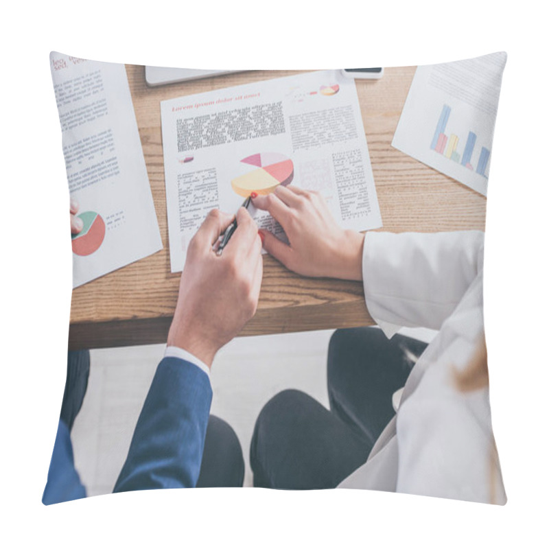 Personality  Partial View Of Two Risk Managers Analyzing Infographics Together Pillow Covers