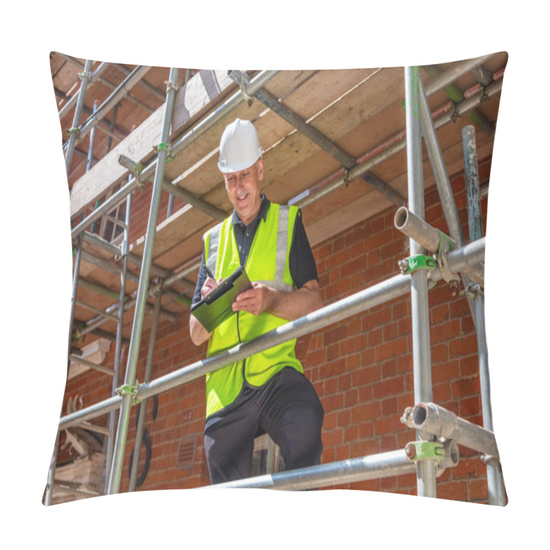 Personality  Male Builder Foreman, Construction Worker, Contractor Or Architect On Building Site Writing On Black Clipboard Pillow Covers