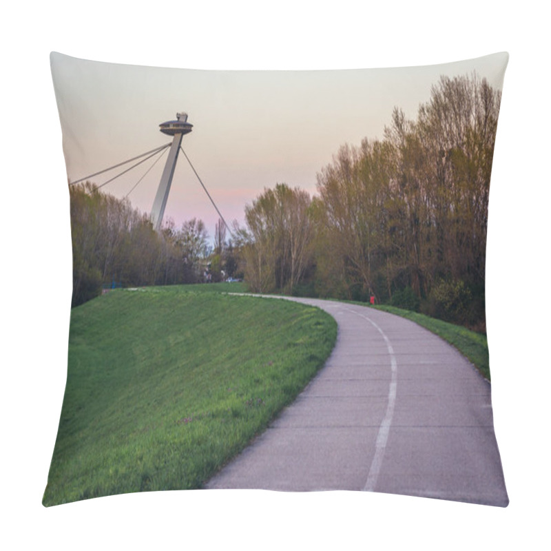 Personality  So Called UFO Bridge Seen From Cycle Path On A Embankment Of Danube River In Bratislava, Slovakia Pillow Covers