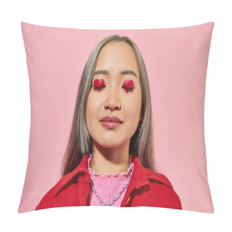 Personality  Portrait Of Young Asian Woman With Heart Shaped Eye Makeup And Dyed Hair Posing With Closed Eyes Pillow Covers