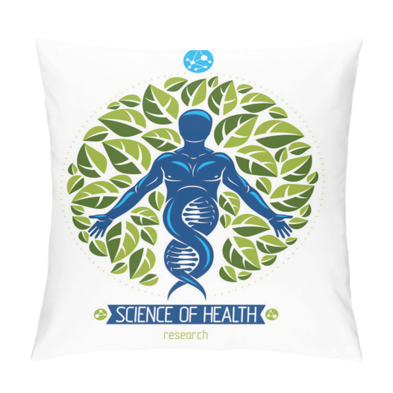 Personality  Vector Graphic Illustration Of Muscular Human Depicted As DNA Symbol Continuation And Created With Ecology Tree Leaves, Green Thinking Technology Innovations, Ecology Conservation Concept Pillow Covers