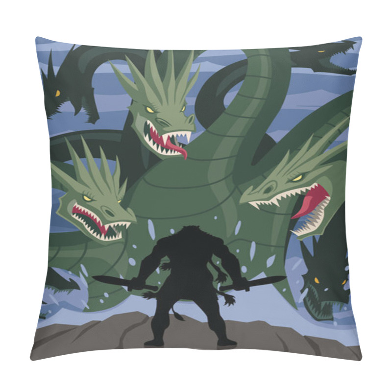 Personality  Hercules Stands Defiantly Against The Hydra, Wielding His Weapon. The Multi-headed Beast Towers Above, Ready To Attack In A Moonlit Setting. Pillow Covers