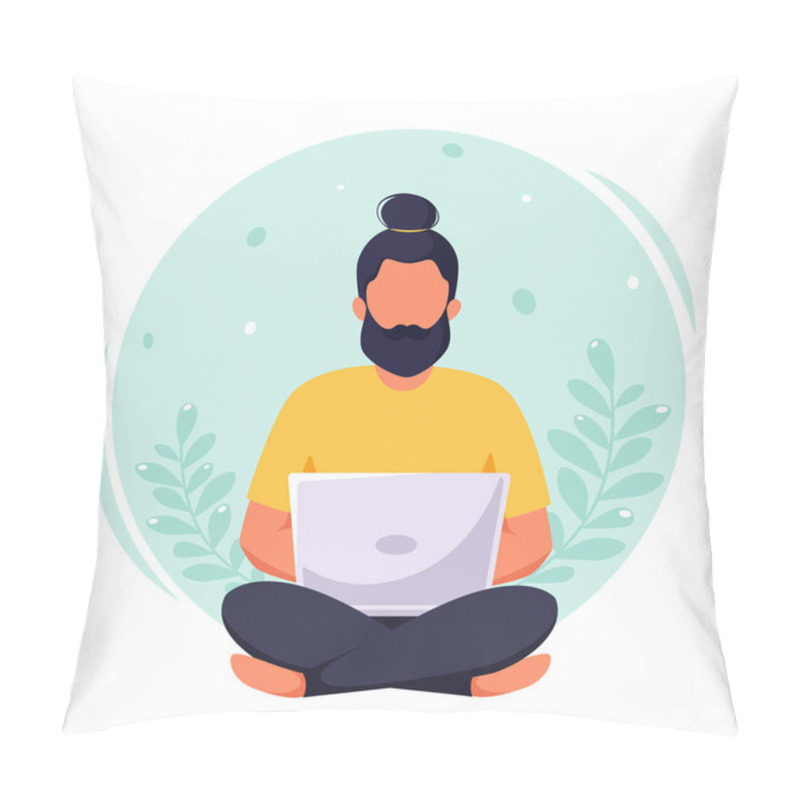 Personality  Man Working On Laptop. Freelance, Remote Working, Online Studying, Work From Home Concept. Vector Illustration In Flat Style. Pillow Covers