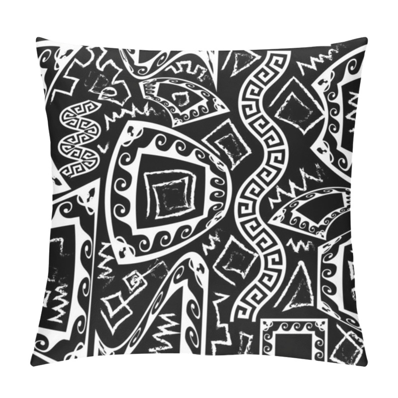 Personality  Black And White Greek Vector Seamless Pattern. Geometric Ornamental Background. Abstract Repeat Ancient Style Tribal Backdrop. Chalk Grunge Doodle Greek Key Meanders Ethnic Ornaments. Modern Design Pillow Covers