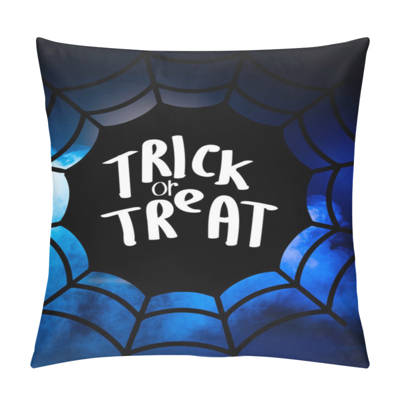 Personality  Trick Or Treat Lettering And Spider Web Illustration On Dark Blue Background  Pillow Covers