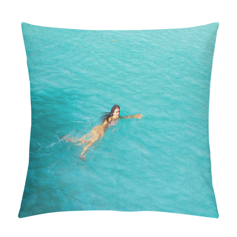 Personality  Woman Swimming Freely At Turquoise Water Of Cambugahay Waterfalls In Siquijor Island In Philippines Pillow Covers