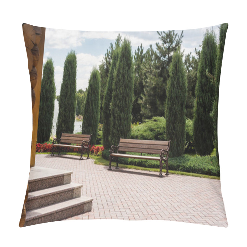 Personality  Green Fir Trees Near Wooden Benches In Summer Park   Pillow Covers