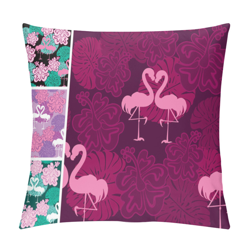 Personality  Set Of Seamless Patterns With Palm Trees Leaves And Flamingos. R Pillow Covers