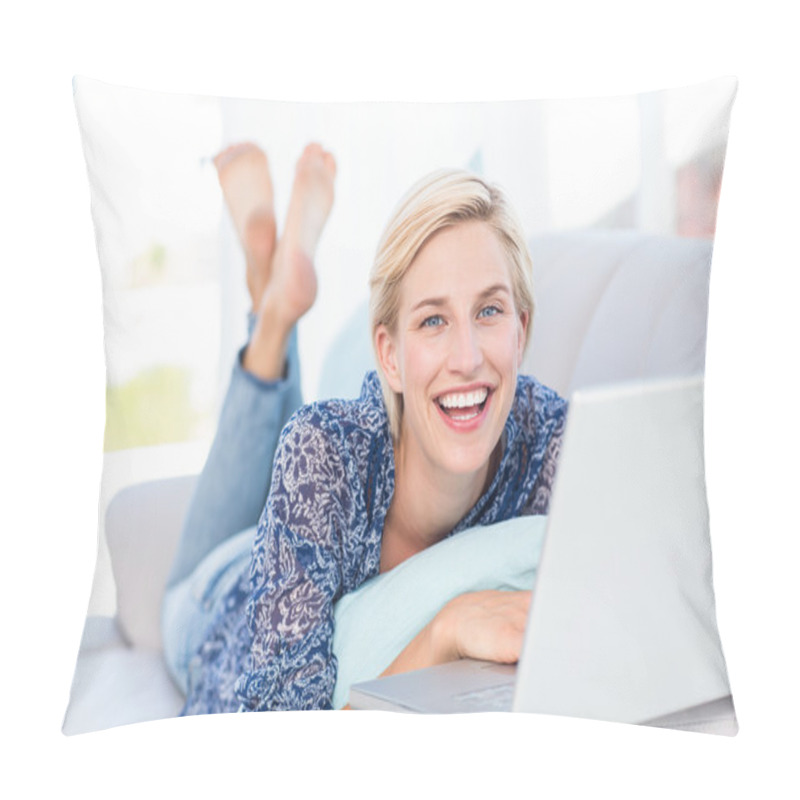 Personality  Blonde Woman On The Couch Using Laptop Pillow Covers