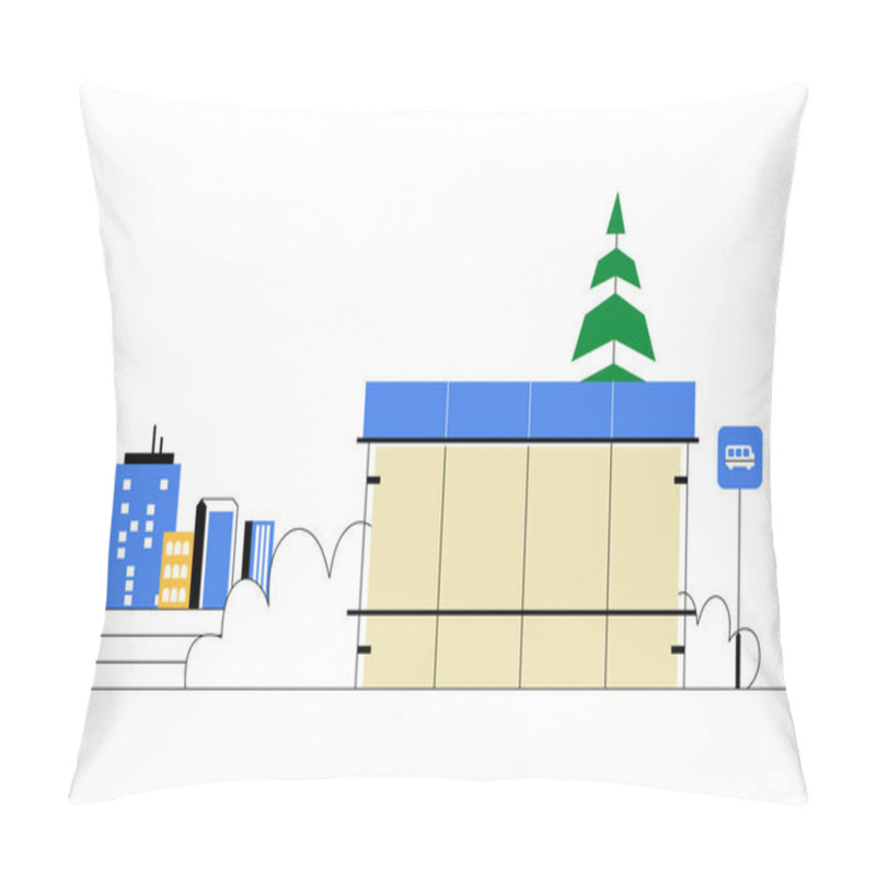 Personality  Urban Bus Stop With Trees, Buildings, And A Waiting Area, Representing Public Transportation, City Life, And Travel Infrastructure, Isolated On White Background. Pillow Covers