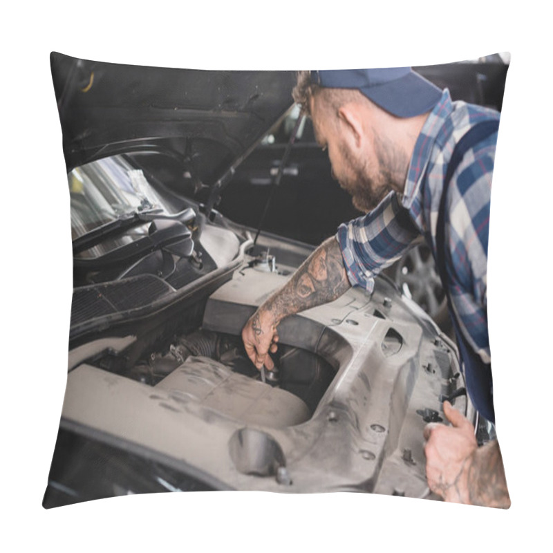 Personality  Mechanic Checking Level Of Oil In Car Engine On Blurred Foreground Pillow Covers