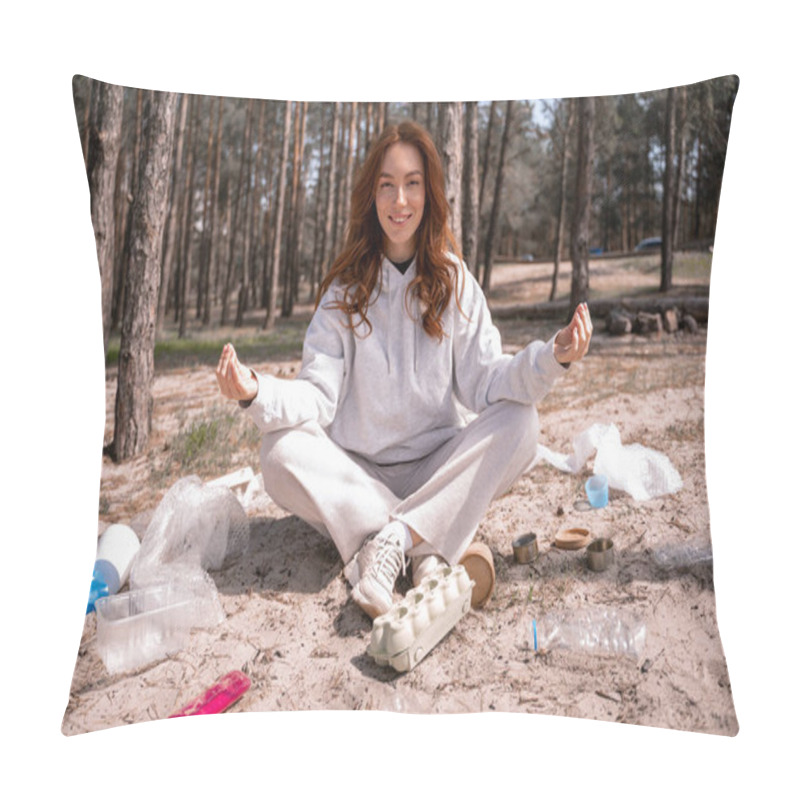 Personality  Happy Young Woman With Crossed Legs Sitting And Meditating Near Trash On Ground Pillow Covers