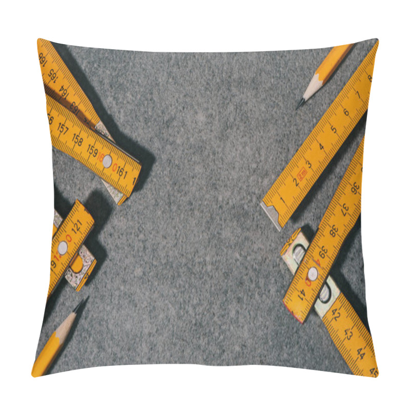 Personality  Top View Of Collapsible Meter And Pencils On Grey Surface Pillow Covers