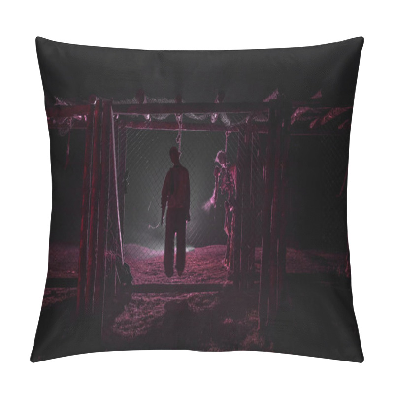 Personality  Horror View Silhouette Of Hanged Man On Scaffold At Night With Fog And Toned Light On Background. Execution (or Suicide) Decoration. Horror Halloween Concept. Pillow Covers