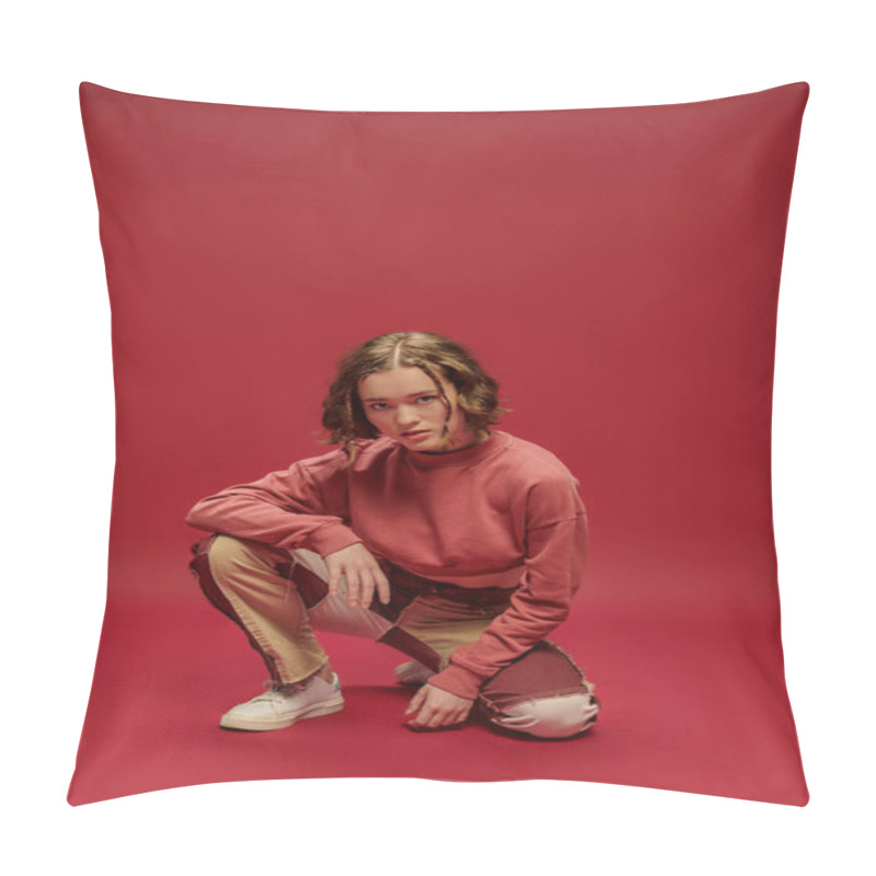 Personality  Self-expression, Stylish Gen Z Girl In Patchwork Pants And Cropped Long Sleeve On Red Backdrop Pillow Covers