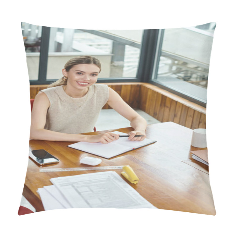 Personality  Young Female Employee Working With Documents At Table Looking At Camera, Coworking Concept Pillow Covers