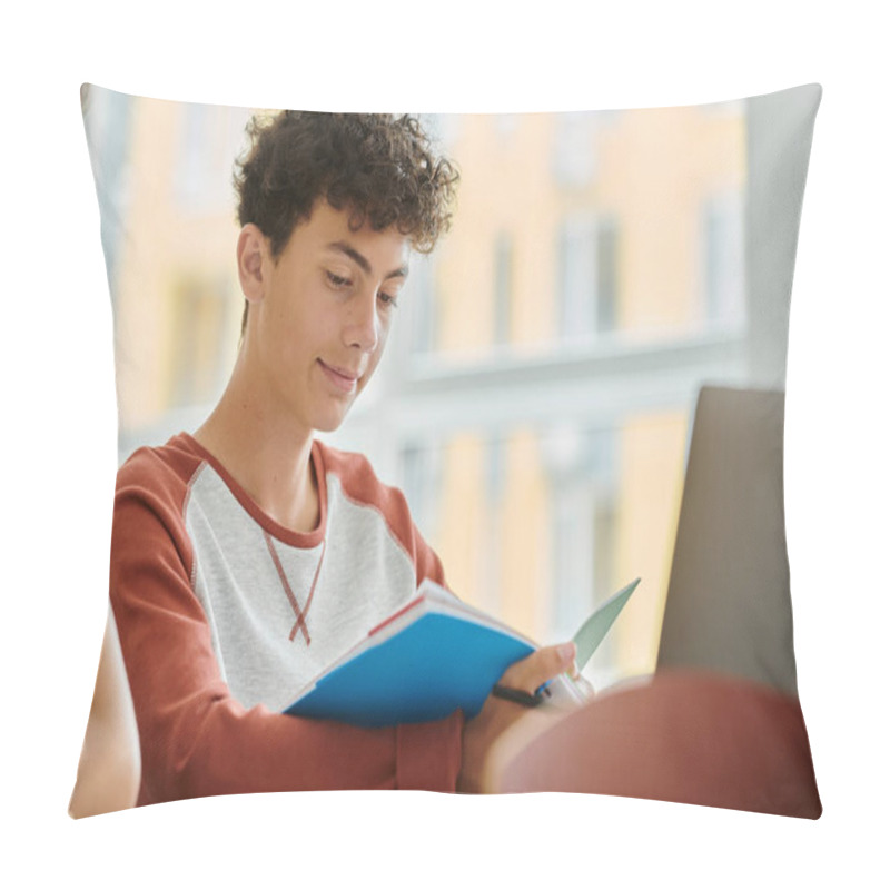 Personality  Curly Teenage Schoolboy Looking At Notebook Near Classmate And Laptop In Classroom In School Pillow Covers