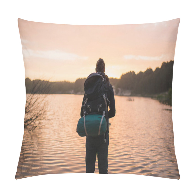 Personality  Rear View Of Hiker Looking Over Lake   Pillow Covers