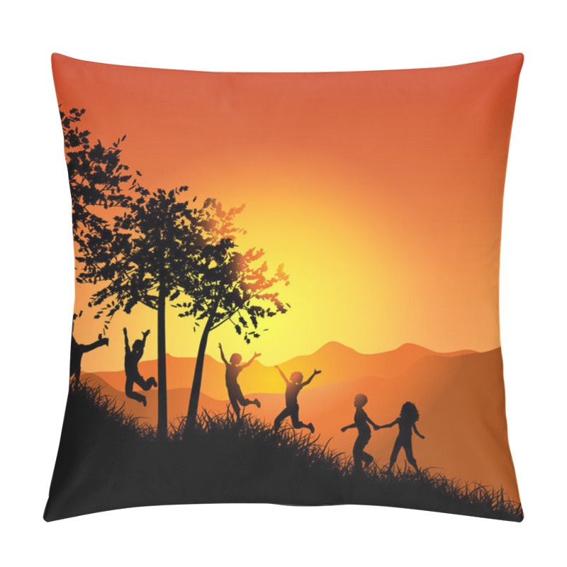 Personality  Children Running Up A Grassy Hill Pillow Covers