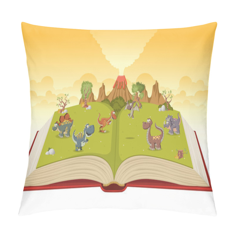 Personality  Open Book With Volcano And Funny Cartoon Dinosaurs Pillow Covers