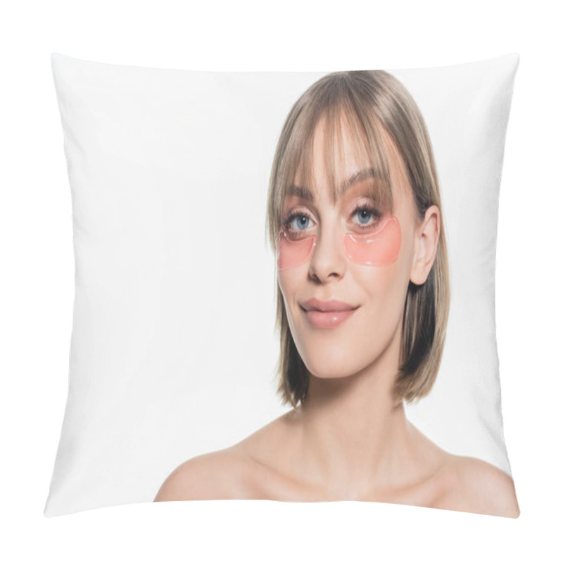 Personality  Happy Young Woman With Hydrogel Eye Patches Isolated On White Pillow Covers