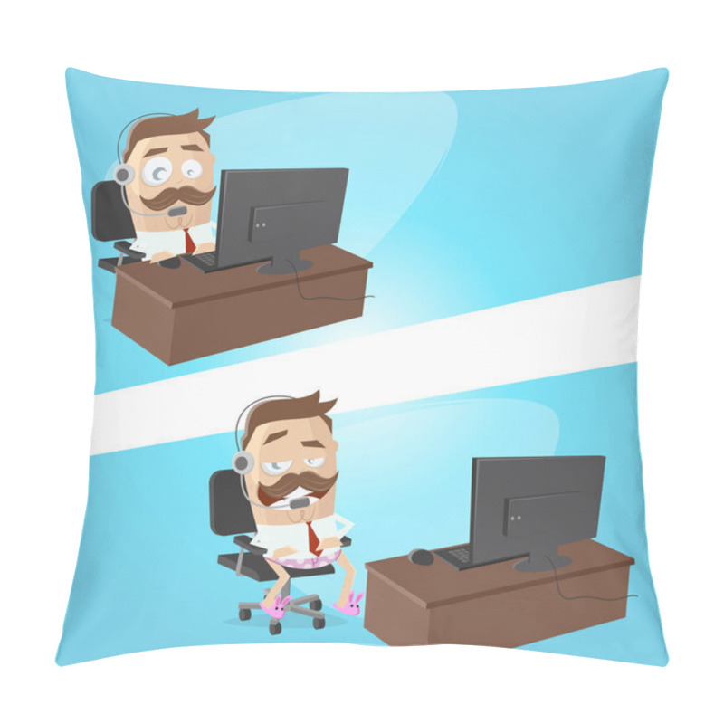 Personality  Funny Cartoon Illustration Of A Businessman Working At His Homeoffice With Underpants And Slippers Pillow Covers