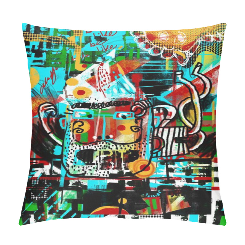 Personality  Grungy Poster Of A Cool Bearded Guy. Painting With Abstract Graffiti Background. Pillow Covers