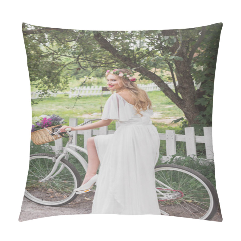 Personality  Beautiful Smiling Young Bride In Wedding Dress Riding Bicycle Pillow Covers