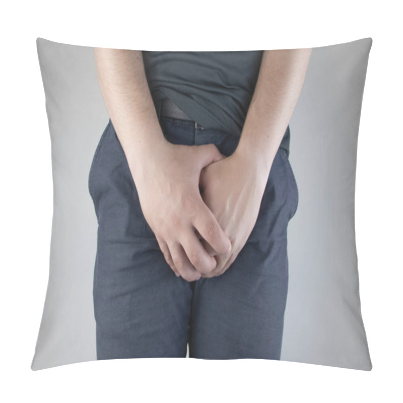 Personality  Man Front View. Pain In The Groin And Bladder. The Concept Of Pain In Men As A Result Of Prostatitis, Inflammation Of The Bladder Or Genitourinary System. Frequent Urination. Pillow Covers