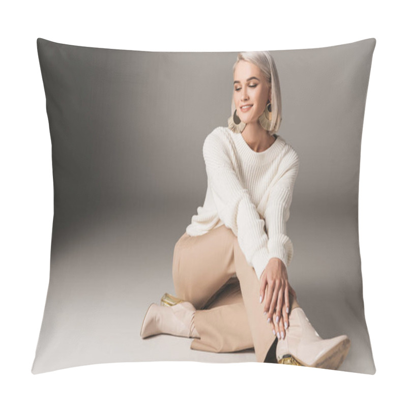 Personality  Smiling Elegant Model Posing In White Sweater, Beige Pants And Autumn Heels, On Grey  Pillow Covers