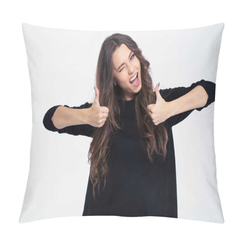 Personality  Cheerful Woman Winking And Showing Thumbs Up Pillow Covers