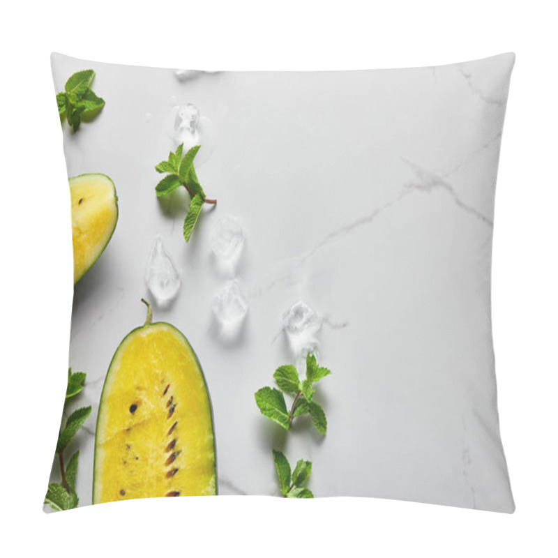 Personality  Top View Of Cut Delicious Exotic Yellow Watermelon With Seeds On Marble Surface With Mint And Ice Pillow Covers